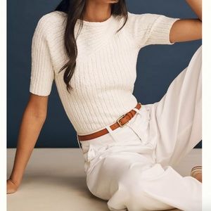 Anthropologie Cream Ribbed Short-Sleeve Knit Top